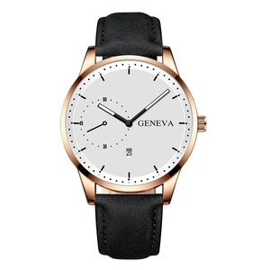 Close-up of rose gold Geneva watch featuring a white dial and black leather strap