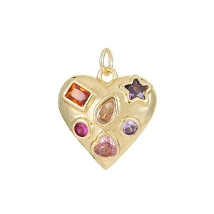 Golden heart pendant with multi-colored gemstones in various shapes on white background