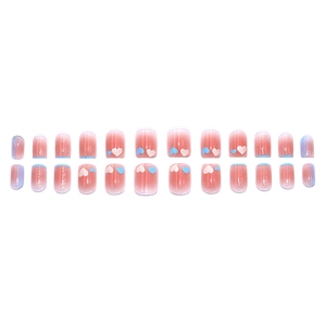 French blush heart press-on nails with blue gradient tips and glitter accents 24pcs set