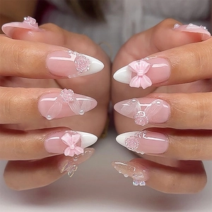 French Press On Nails With 3D Bow Rose Flowers And Artificial Pearls Pink White Gradient Almond Shape Artificial False Nails For Women