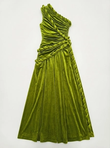 Detail of green velvet dress showing asymmetric shoulder and braided rope texture