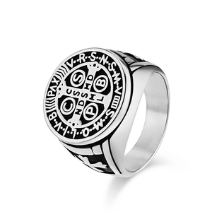 Vintage Saint Benedict medal exorcism cross ring in polished stainless steel for men