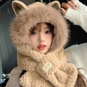 Plüschiger Kunstpelz Schal mit Kapuze und Fuchs-Ohren in Khaki für den Winter