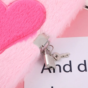 Pink heart plush notebook with silver metal lock and key for secret journal writing