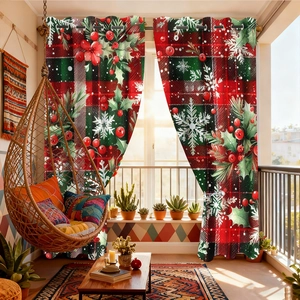 Christmas Curtains Polyester Grommet Top Blackout Drapes For Living Room Festive Poinsettia Snowflake Plaid Pattern