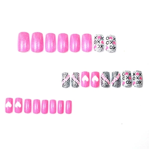 24pcs pink press-on nails set with glitter hearts and KISSES XO romantic design