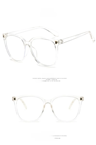 Detail view of transparent square glasses frame with golden D-logo and metal hinges