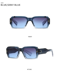 Front and 45-degree side views of blue rectangular sunglasses with gradient lenses