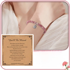 Pink natural stone beaded bracelet with silver ladybug charm and You Will Be Missed card