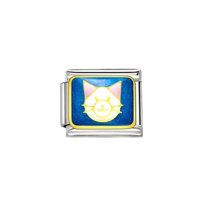 Italian modular stainless steel charm with a white cat on sparkling blue enamel