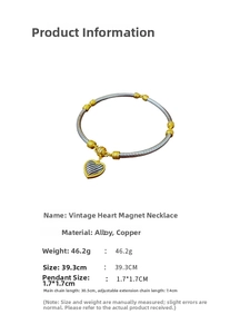 Dimensions détaillées du collier magnétique cœur vintage en alliage bicolore or et argent