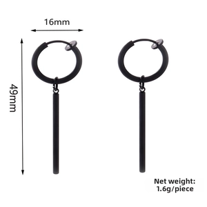 Detail of matte black dangle earrings showing 16mm hoop diameter and 49mm total length