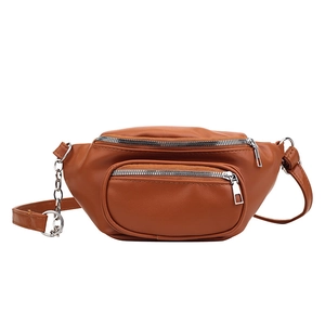 Brown PU leather crossbody chest bag with stylish silver chain strap and large capacity