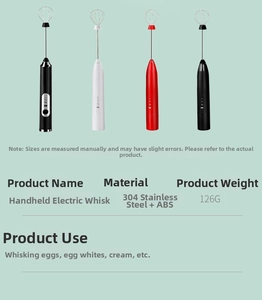 Detailed specs of electric whisk showing 304 stainless steel whisk head and ABS handle