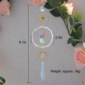 Golden moon and sun crystal suncatcher with rainbow prism beads for garden decor