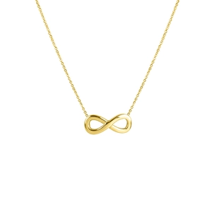 Polished gold infinity symbol necklace for women on a minimalist O-chain with white background