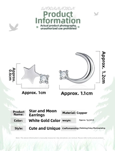 Detail view of asymmetric star and crescent moon studs with sparkling zircon stones