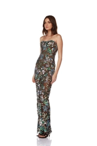 Detailed embroidery of colorful sequins and floral patterns on mesh tube evening dress
