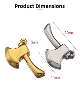 Detailed dimensions of stainless steel axe pendants in gold and silver showing 20mm x 11mm