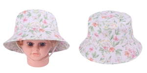 Detail of floral baby sun hat featuring windproof straps and cute botanical patterns