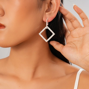 Elegant silver square hoop earrings with sparkling micro-pave cubic zirconia crystals