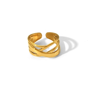 Detail of gold multilayer crisscross ring with hammered texture and adjustable open band