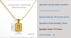 Detail view of 18K gold plated letter B pendant necklace with snake chain and dimensions