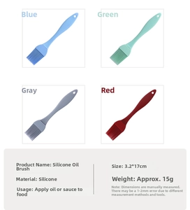 Detail view of colorful silicone oil brushes in blue, green, grey, and red for baking