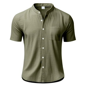 Detail of army green men's linen short sleeve shirt featuring stand collar and chest pocket