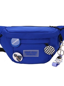 Blue crossbody chest bag for women with fashion patches and astronaut keychain