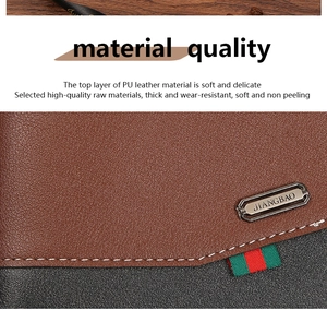Close-up of premium PU leather wallet texture with metallic brand logo and striped detail