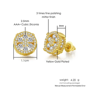 Hip hop style gold plated iced out round cluster stud earrings with AAA+ cubic zirconia