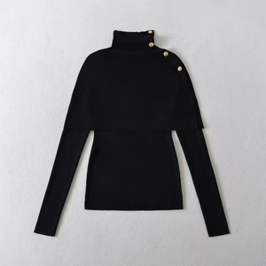 Two-piece black knit high-neck sweater set with cape and golden shoulder buttons