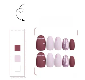 Detail of short round press-on nails in matte burgundy, pink, and purple glitter finish