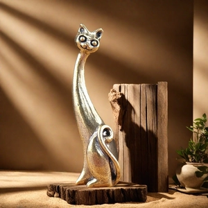 Cat Ring Holder Brass Alloy Long Neck Vintage Bronze Animal Figurine Retro Abstract Desktop Ornament Jewelry Stand Gift