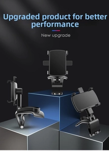 Multi-angle view of adjustable black car phone holder showing rotating arm and base
