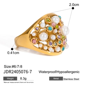 Detailed view of golden stainless steel ring with zircon, pearl and size measurements