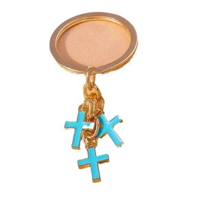 Golden keychain featuring a DIY round base and three light blue enamel cross charms