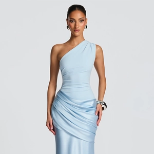 Close-up of elegant light blue satin dress featuring side pleats and slim-fit texture