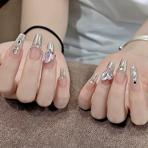 Handmade silver french long coffin nails with pink heart rhinestones and crystals