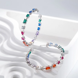 Exaggerated S925 silver hoop earrings with multi-colored geometric crystal inlay style