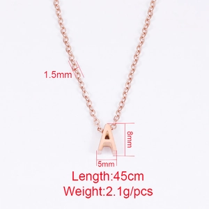 Polished rose gold stainless steel letter A necklace with detailed product dimensions