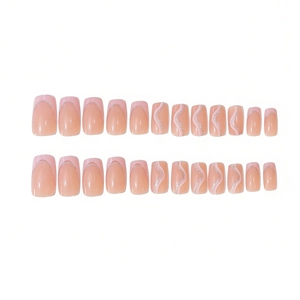 French tip press-on nails with sweet pink base, silver glitter lines and wave patterns
