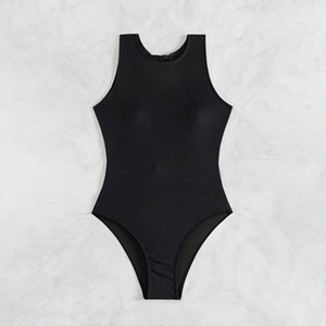 Classic black one-piece swimsuit with sleeveless crew neck design and slim fit cut