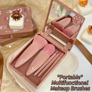 Portable 5-piece pink makeup brush set with mirrored cartoon bear storage case