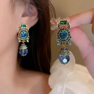 Vintage Palace Baroque Style Clip On Earrings Blue Waterdrop Crystal Alloy Inlaid Rhinestone Geometric Jewelry For Women