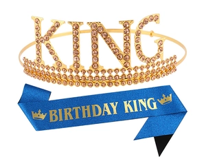 Couronne KING dorée avec strass et ensemble d'écharpe en satin bleu Birthday King