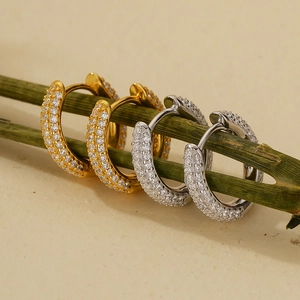 Elegant gold and silver S925 sterling silver U-shaped hoop earrings with zircon stones