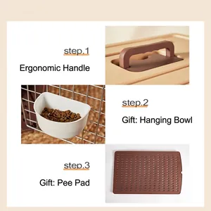 Portable pet carrier with ergonomic handle, hanging food bowl, and urine drainage mat
