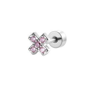 Delicate silver cross screw-back earring with shimmering micro-set pink zircon stones